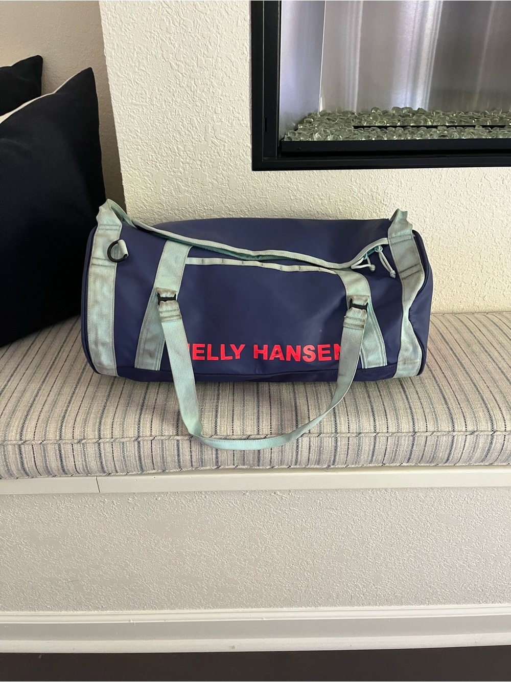 Helly Hansen Navy Duffel with Light Blue Straps and Red Logo
